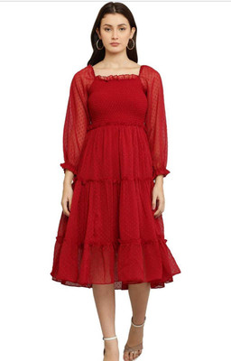BPT DESIGNER Women Fit and Flare Red Knee Length Dress
