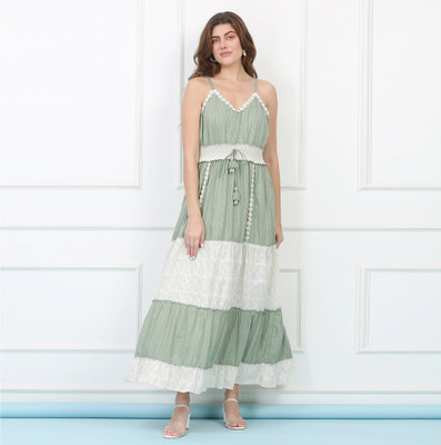 Majestic By Baani Women Maxi Green, White Full Length Dress