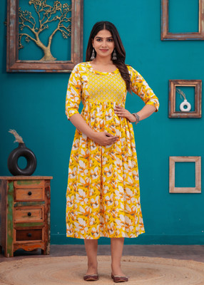 Akshara Fashion Women Fit and Flare Yellow Midi/Calf Length Dress