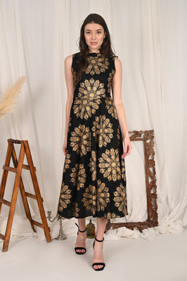 METRONAUT Women Fit and Flare Black, Gold Maxi/Full Length Dress
