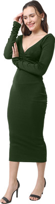 SIZI Women Bodycon Dark Green Midi/Calf Length Dress