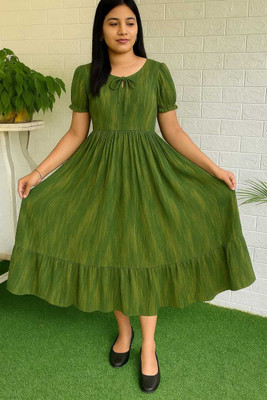 RKK Collection Women Fit and Flare Green Below Knee Dress