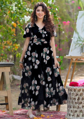 GROMint Women Fit and Flare Black Maxi/Full Length Dress