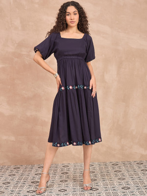 all about you Women Fit and Flare Dark Blue Midi/Calf Length Dress