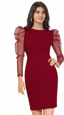 Fashion2wear Women Bodycon Maroon Above Knee/Mid Thigh Length Dress