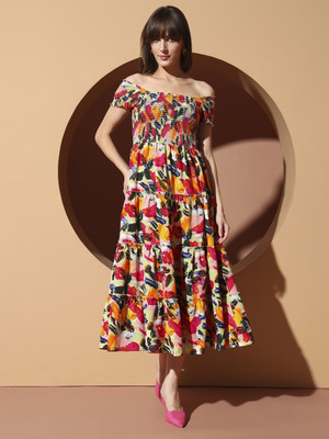 OTABU Women A-line Pink Midi/Calf Length Dress