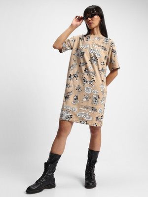 BEWAKOOF Women T Shirt Brown Above Knee/Mid Thigh Length Dress
