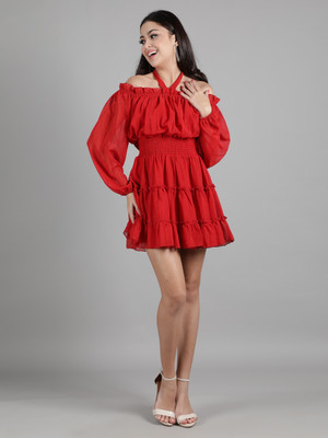 DRAPE AND DAZZLE Women Ruffled Red Above Knee/Mid Thigh Length Dress