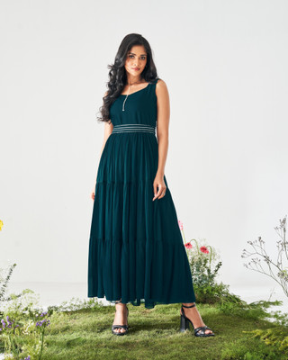 HouseOfCommon Women Fit and Flare Blue Maxi/Full Length Dress