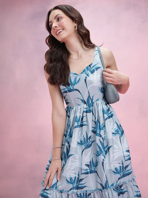 Dressberry Women Empire Waist White, Blue Maxi/Full Length Dress