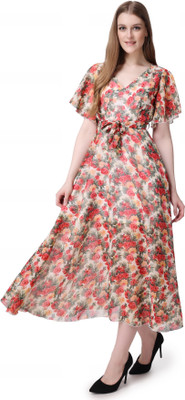 Pratyusha Women Fit and Flare White Midi/Calf Length Dress