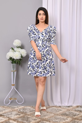 VYMO Women Fit and Flare Blue Above Knee/Mid Thigh Length Dress