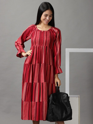 SHOWOFFFF Women Fit and Flare Maroon, Beige Midi/Calf Length Dress