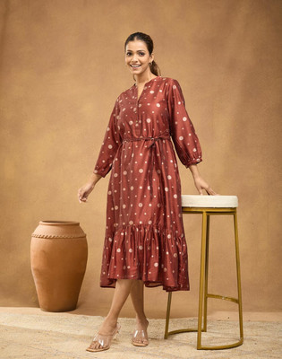 Fabindia Women Fit and Flare Maroon Midi/Calf Length Dress