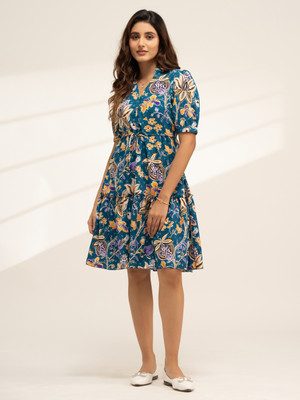 AASK Women Fit and Flare Light Blue Midi/Calf Length Dress