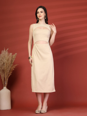 PLUSS Women Fit and Flare Beige Knee Length Dress