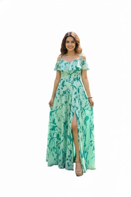 Sylora Women Fit and Flare Light Green Maxi/Full Length Dress