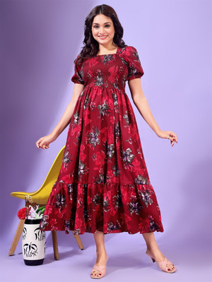 Moda Rapido Women Fit and Flare Red Knee Length Dress