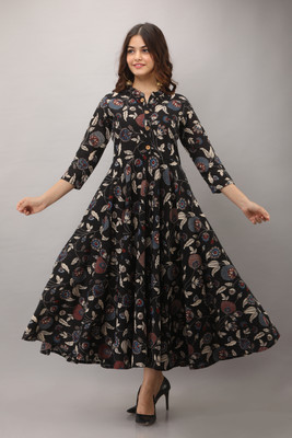 Kurtiking Women Floral Print Flared Kurta(Black)