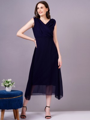 Highlight fashion export Women Gathered Dark Blue Dress