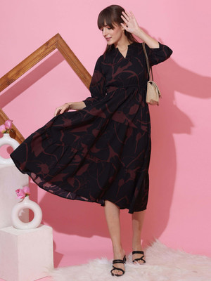 Honky Tonky Women Fit and Flare Black, Brown Midi/Calf Length Dress