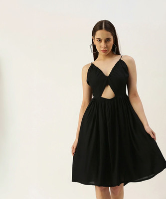 IQRAAR Women Fit and Flare Black Knee Length Dress