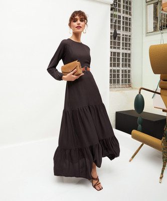 SASSAFRAS Women Tiered Black Maxi/Full Length Dress