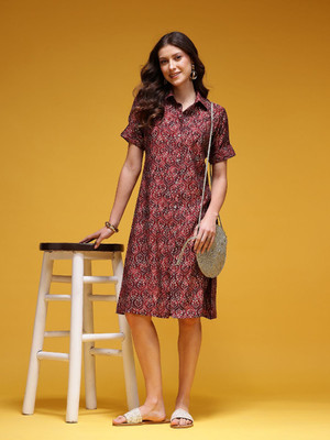 HERE&NOW Women Shirt Maroon Midi/Calf Length Dress