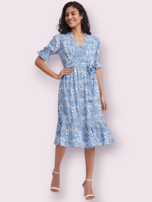 KAUTAQI Women Fit and Flare Blue Midi/Calf Length Dress
