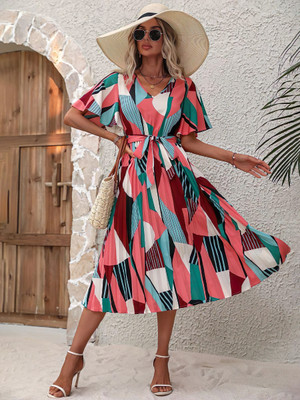 OTABU Women A-line Multicolor Midi/Calf Length Dress