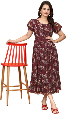inch pinch Women Gown Maroon Midi/Calf Length Dress
