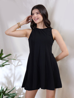 DRAPE AND DAZZLE Women Fit and Flare Black Above Knee/Mid Thigh Length Dress