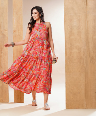 Globus Women Fit and Flare Multicolor Maxi/Full Length Dress