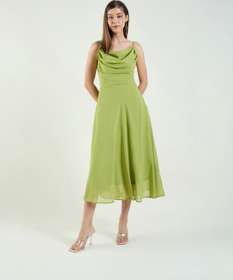 AAYU Women Fit and Flare Light Green Midi/Calf Length Dress