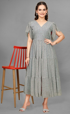 JYOTESTORE Women Fit and Flare Grey Midi/Calf Length Dress