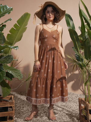 Vishudh Women Fit and Flare Brown Midi/Calf Length Dress
