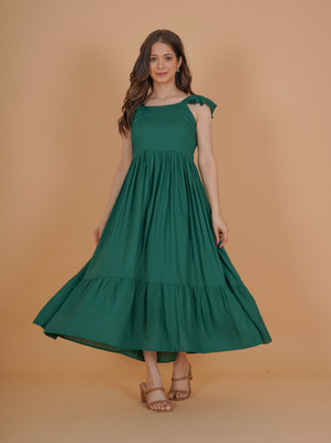 INDIANIC Women A-line Green Midi/Calf Length Dress