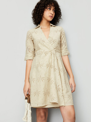 MAX Women Wrap Beige Midi/Calf Length Dress