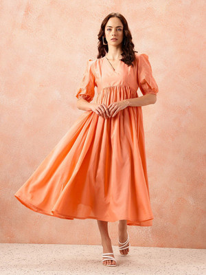 all about you Women Empire Waist Orange Midi/Calf Length Dress