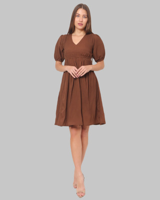 ROSEMELON Women Fit and Flare Brown Knee Length Dress