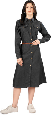 Achyutaya Fashion Women A-line Black Midi/Calf Length Dress