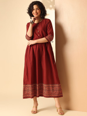 ANOUK Women Fit and Flare Maroon Maxi/Full Length Dress