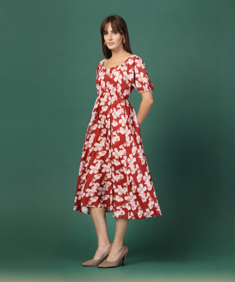 Oomph! Women Fit and Flare Red Midi/Calf Length Dress