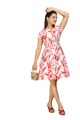 Rinra Women Fit and Flare White, Pink Knee Length Dress