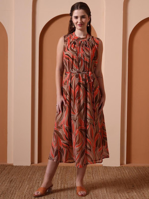 AKIKO Women Fit and Flare Brown Midi/Calf Length Dress