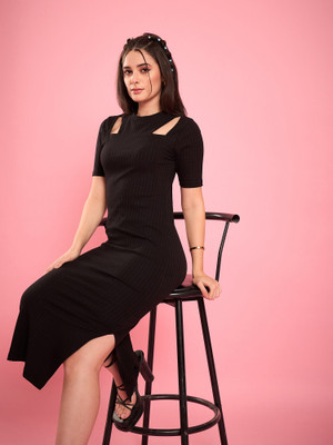 WineRed Women Bodycon Black Midi/Calf Length Dress