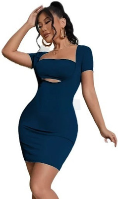 Ladiikway Women Bodycon Dark Blue Above Knee/Mid Thigh Length Dress