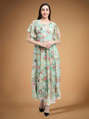 Moda Rapido Women Fit and Flare Green Knee Length Dress