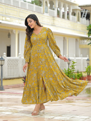 DIVENA Women Fit and Flare Yellow Maxi/Full Length Dress