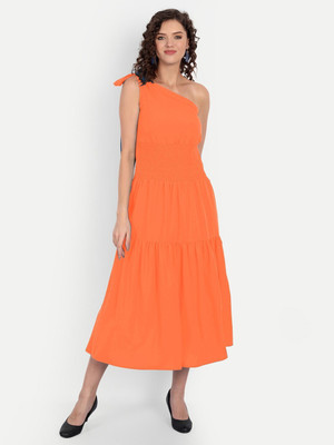 MINGLAY Women Fit and Flare Orange Midi/Calf Length Dress